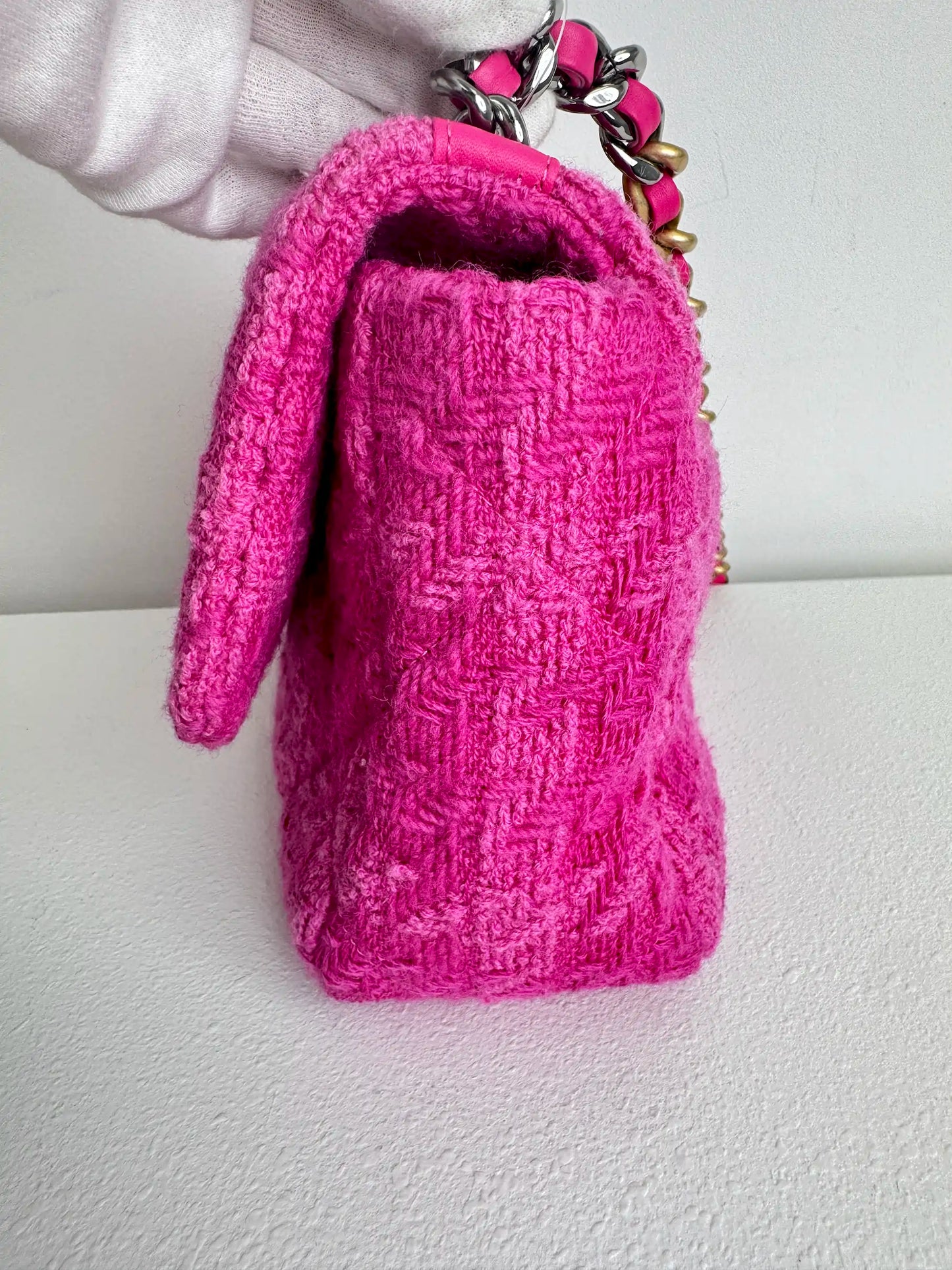 (A36) Chanel Pink Tweed Medium 19 Flap Bag Gold/Silver/Ruthenium Hardware