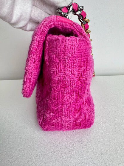 (A36) Chanel Pink Tweed Medium 19 Flap Bag Gold/Silver/Ruthenium Hardware