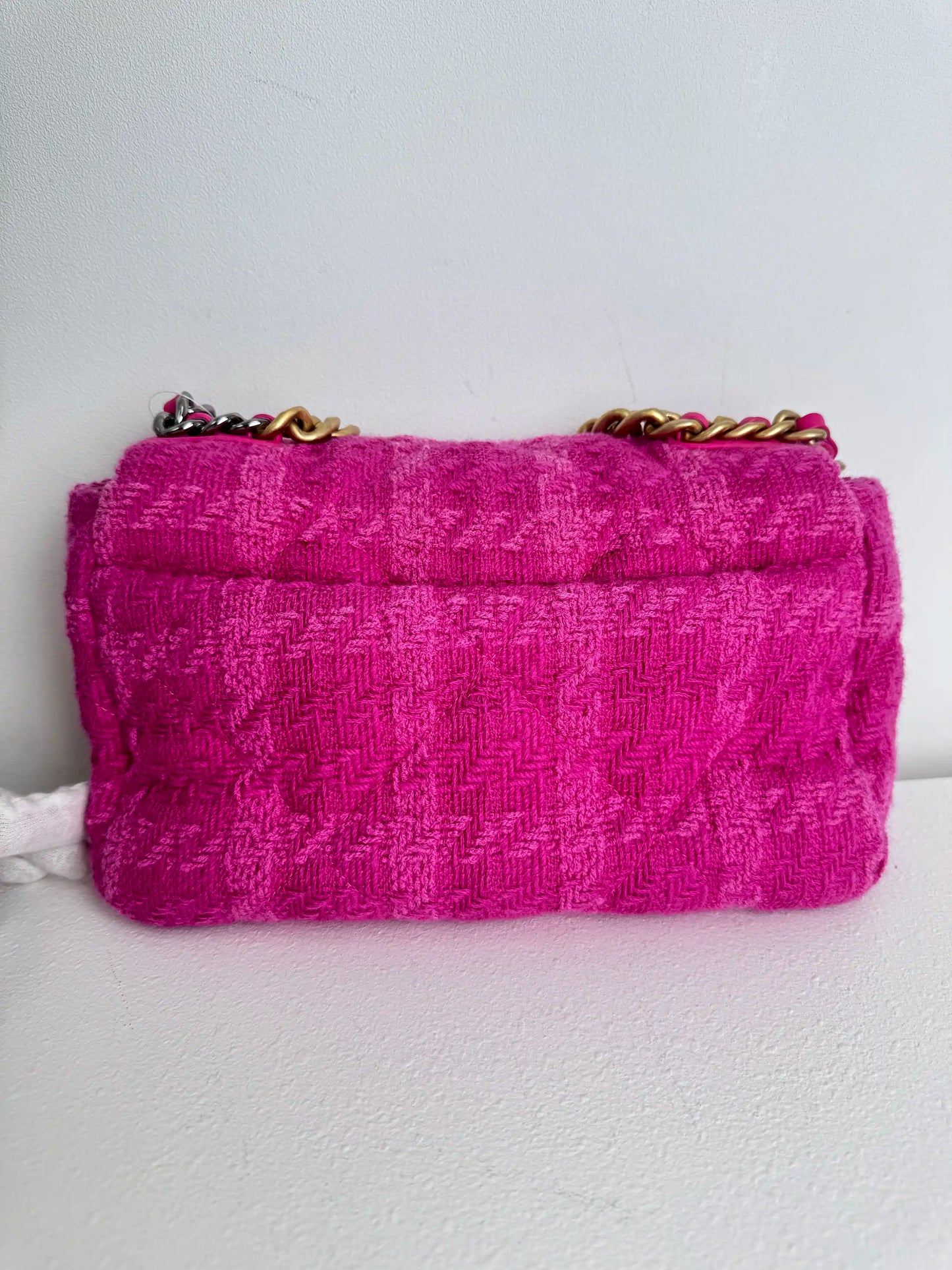 (A36) Chanel Pink Tweed Medium 19 Flap Bag Gold/Silver/Ruthenium Hardware