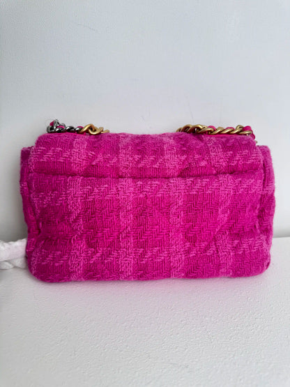 (A36) Chanel Pink Tweed Medium 19 Flap Bag Gold/Silver/Ruthenium Hardware