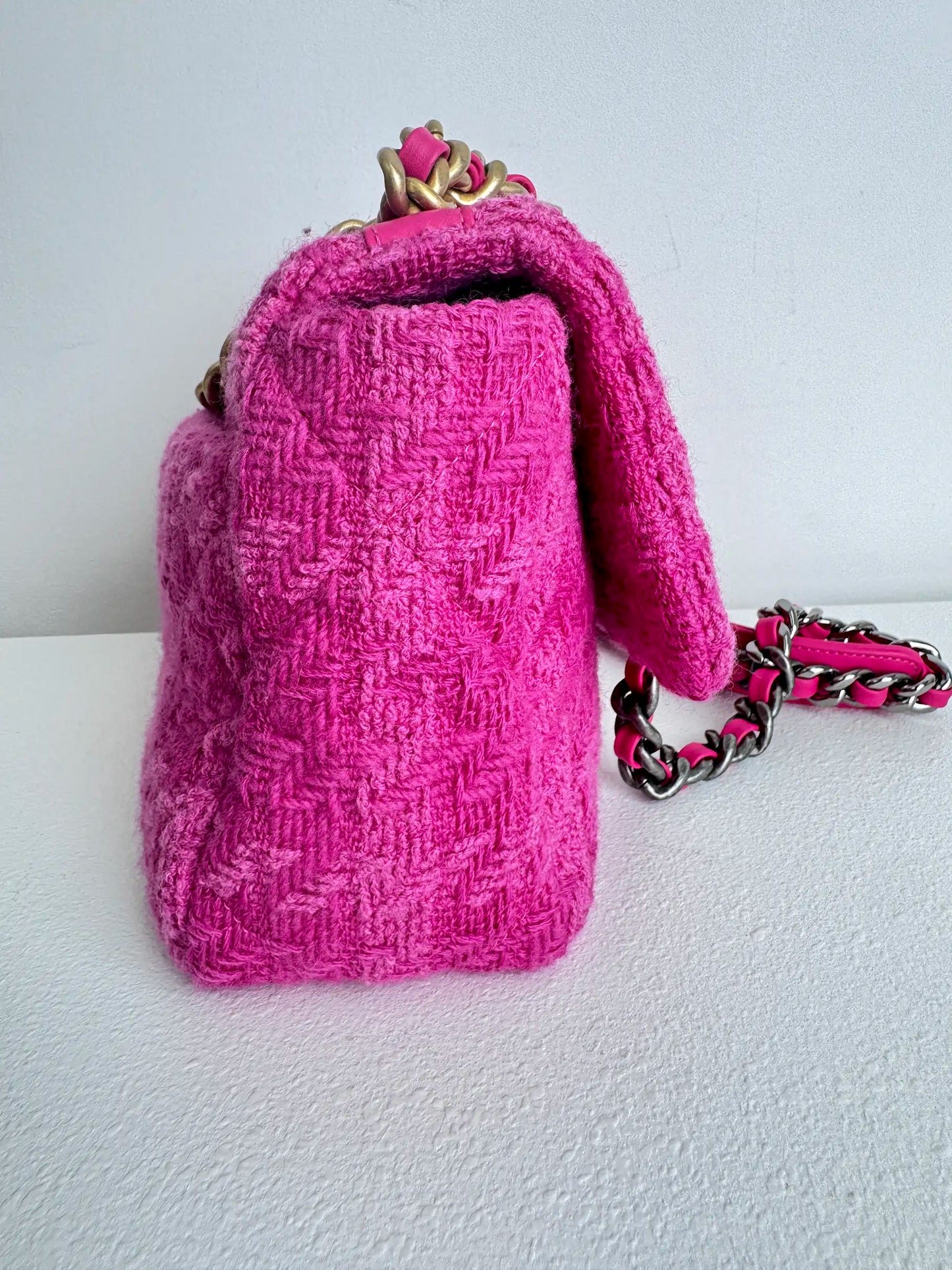 (A36) Chanel Pink Tweed Medium 19 Flap Bag Gold/Silver/Ruthenium Hardware