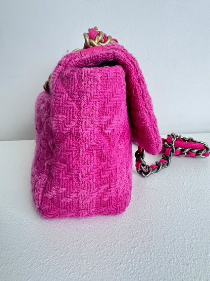 (A36) Chanel Pink Tweed Medium 19 Flap Bag Gold/Silver/Ruthenium Hardware