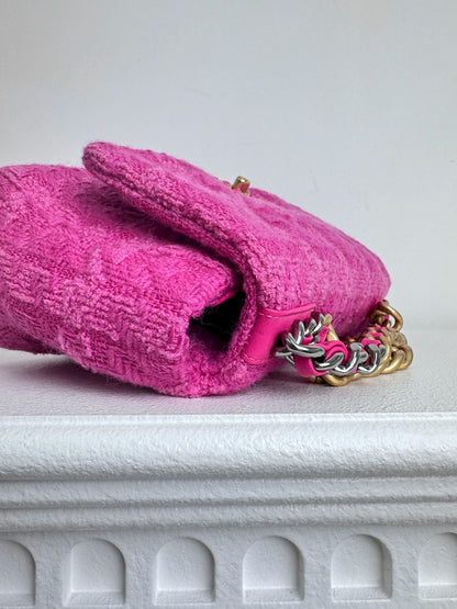 (A36) Chanel Pink Tweed Medium 19 Flap Bag Gold/Silver/Ruthenium Hardware
