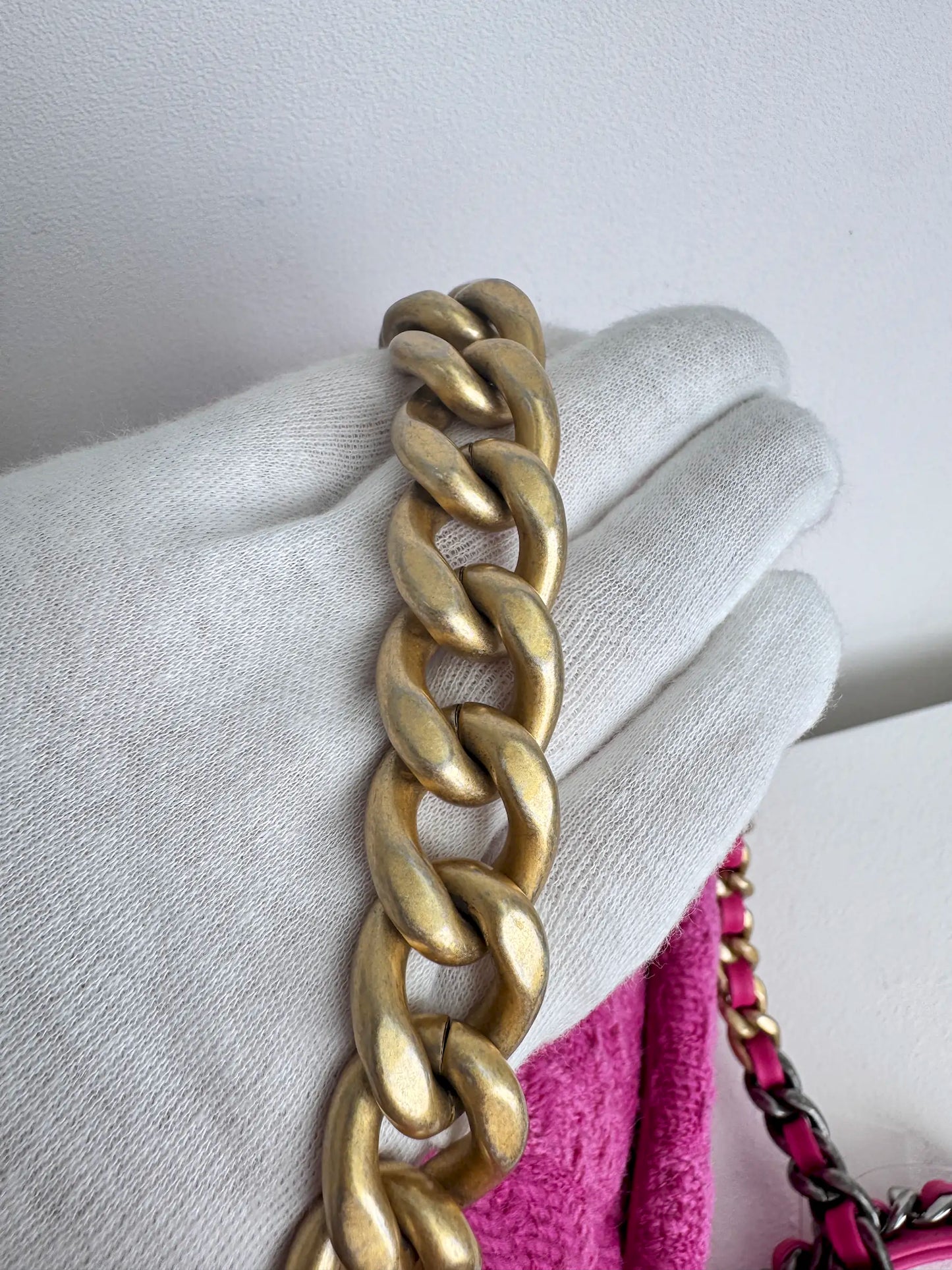 (A36) Chanel Pink Tweed Medium 19 Flap Bag Gold/Silver/Ruthenium Hardware