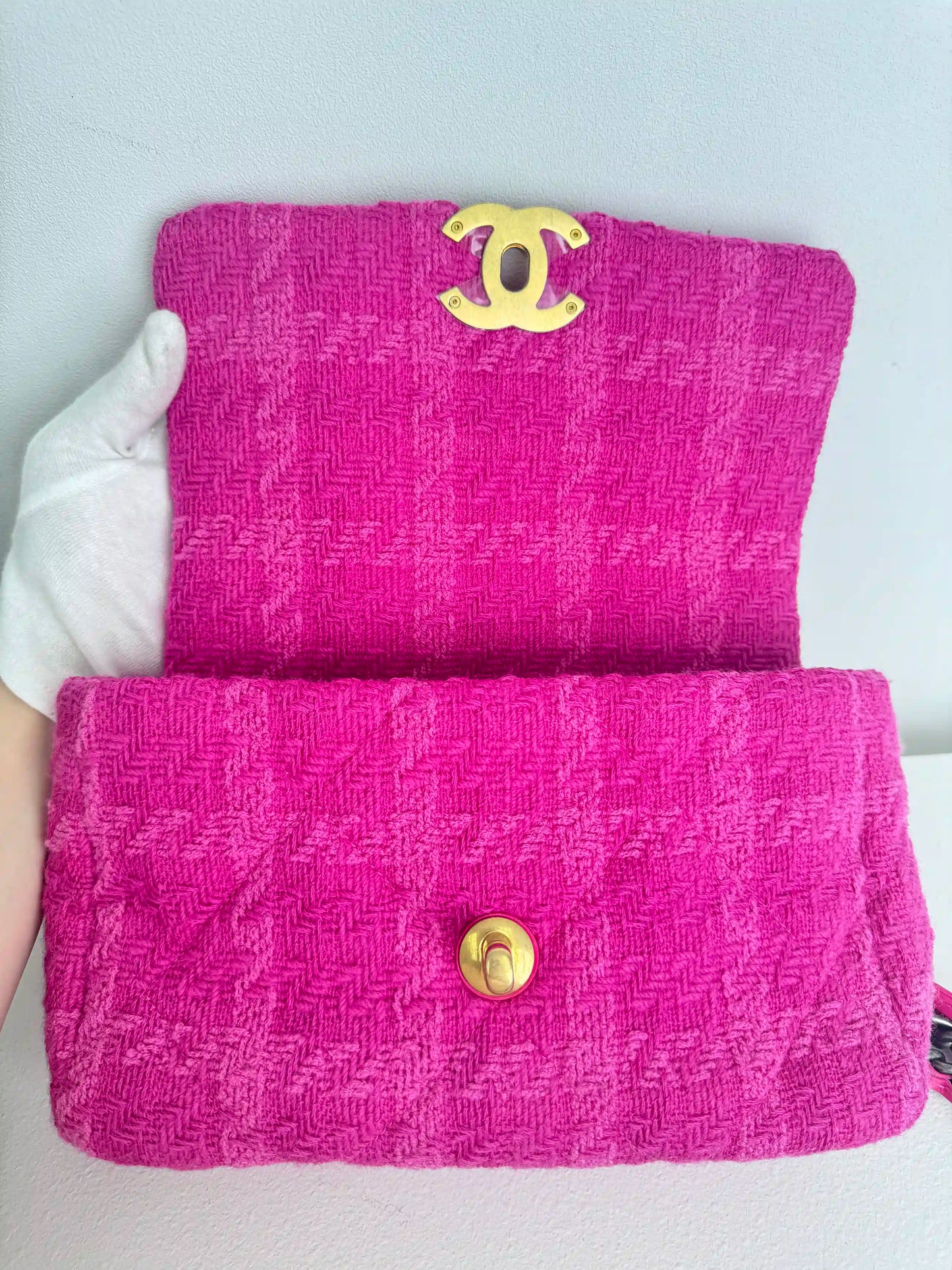 (A36) Chanel Pink Tweed Medium 19 Flap Bag Gold/Silver/Ruthenium Hardware
