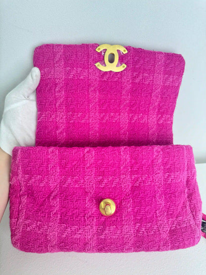 (A36) Chanel Pink Tweed Medium 19 Flap Bag Gold/Silver/Ruthenium Hardware