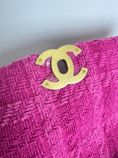 (A36) Chanel Pink Tweed Medium 19 Flap Bag Gold/Silver/Ruthenium Hardware