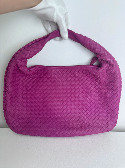 (A41) Bottega Veneta Fuchsia Pink Intrecciato Medium Hobo Ruthenium Hardware