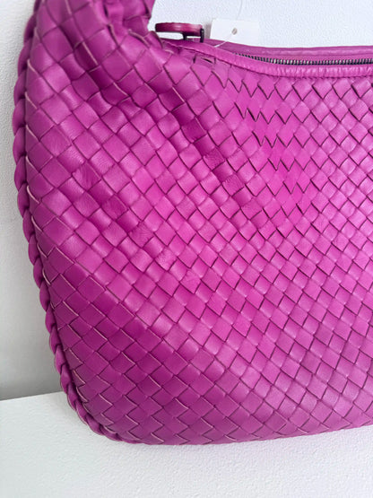 (A41) Bottega Veneta Fuchsia Pink Intrecciato Medium Hobo Ruthenium Hardware