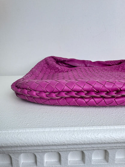 (A41) Bottega Veneta Fuchsia Pink Intrecciato Medium Hobo Ruthenium Hardware