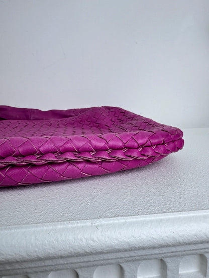 (A41) Bottega Veneta Fuchsia Pink Intrecciato Medium Hobo Ruthenium Hardware