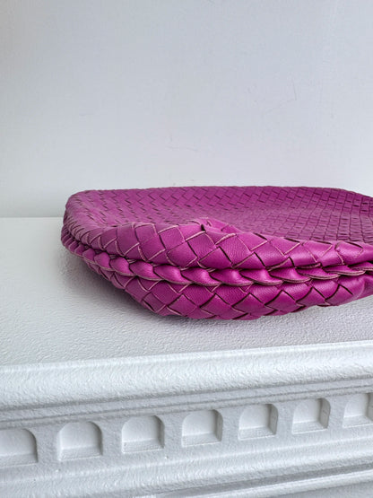 (A41) Bottega Veneta Fuchsia Pink Intrecciato Medium Hobo Ruthenium Hardware