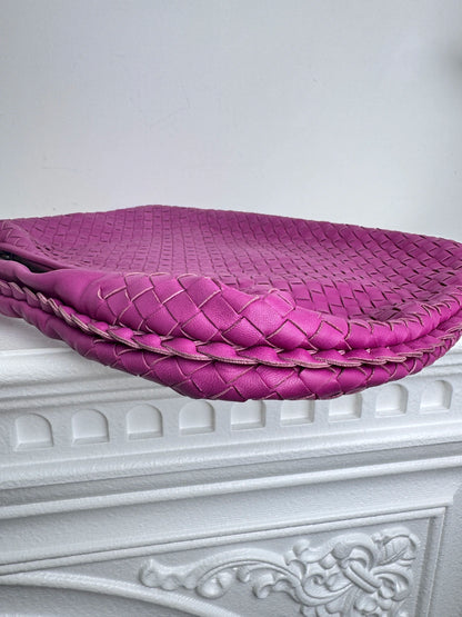 (A41) Bottega Veneta Fuchsia Pink Intrecciato Medium Hobo Ruthenium Hardware