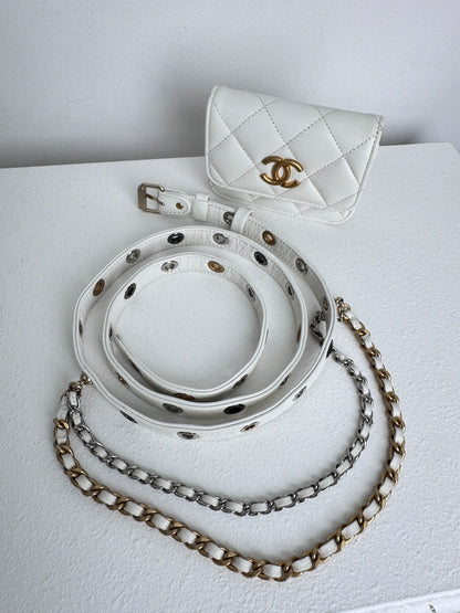 (A44) Chanel White Aged Calfskin 2021 Punk Chain Belt Bag Gold Hardware