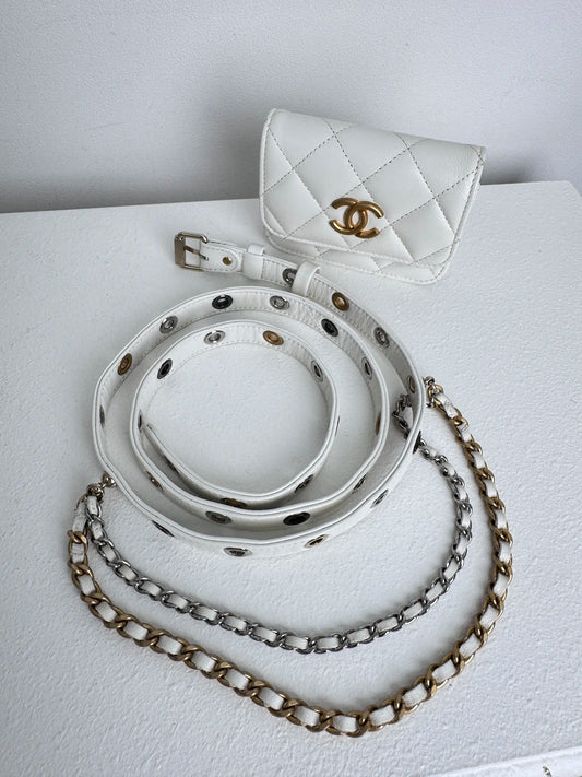 (A44) Chanel White Aged Calfskin 2021 Punk Chain Belt Bag Gold Hardware