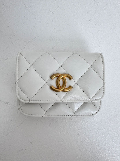(A44) Chanel White Aged Calfskin 2021 Punk Chain Belt Bag Gold Hardware