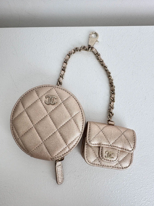(A45) Chanel Champagne Gold Round Pouch & AirPods Holder Bag Charm Lambskin Champagne Gold Hardware