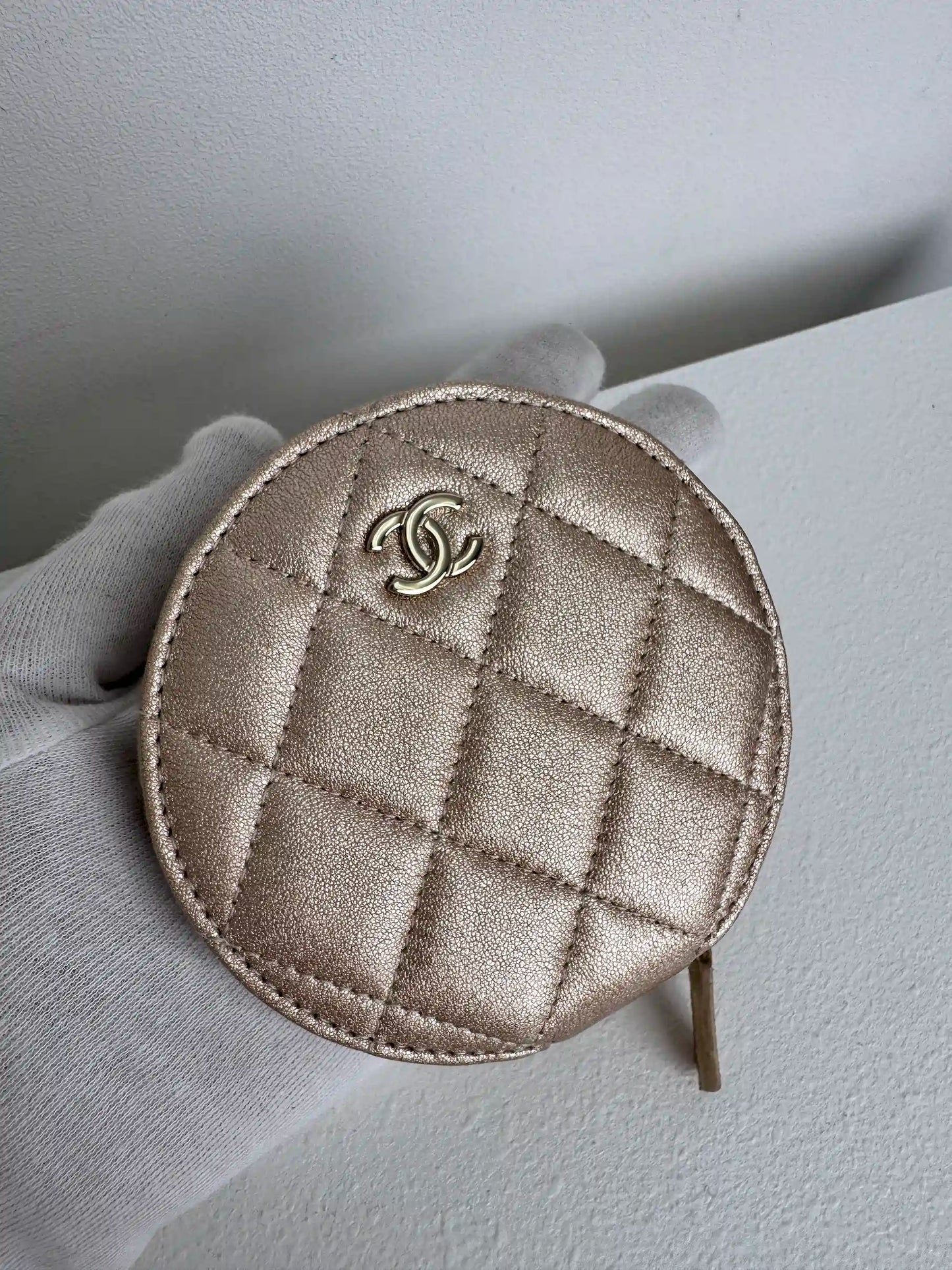 (A45) Chanel Champagne Gold Round Pouch & AirPods Holder Bag Charm Lambskin Champagne Gold Hardware