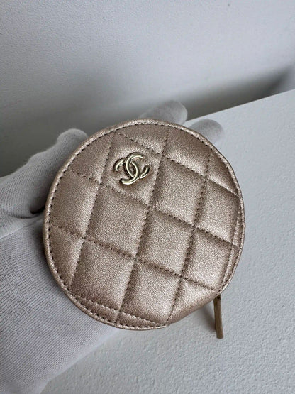 (A45) Chanel Champagne Gold Round Pouch & AirPods Holder Bag Charm Lambskin Champagne Gold Hardware