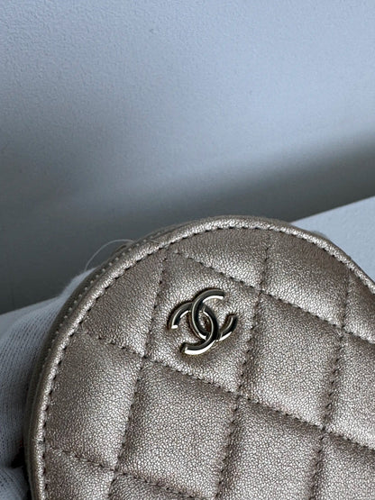 (A45) Chanel Champagne Gold Round Pouch & AirPods Holder Bag Charm Lambskin Champagne Gold Hardware