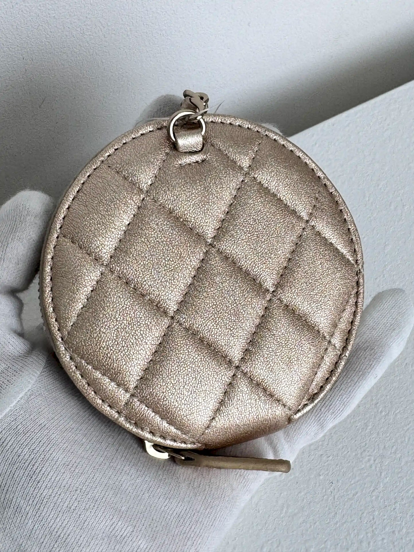 (A45) Chanel Champagne Gold Round Pouch & AirPods Holder Bag Charm Lambskin Champagne Gold Hardware