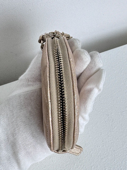 (A45) Chanel Champagne Gold Round Pouch & AirPods Holder Bag Charm Lambskin Champagne Gold Hardware
