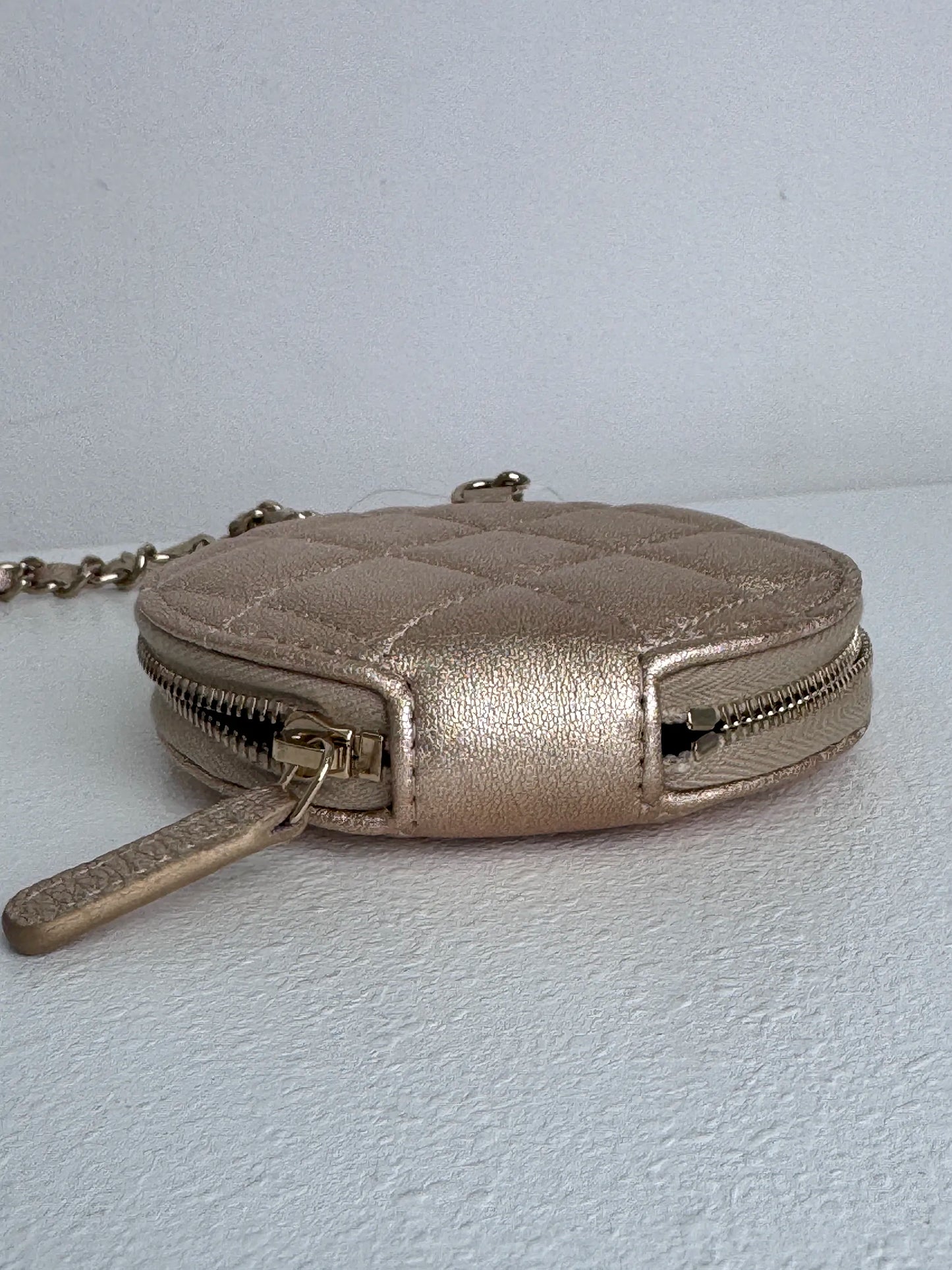 (A45) Chanel Champagne Gold Round Pouch & AirPods Holder Bag Charm Lambskin Champagne Gold Hardware