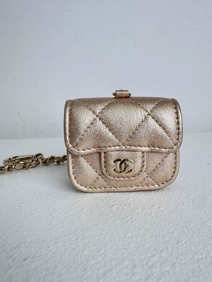 (A45) Chanel Champagne Gold Round Pouch & AirPods Holder Bag Charm Lambskin Champagne Gold Hardware
