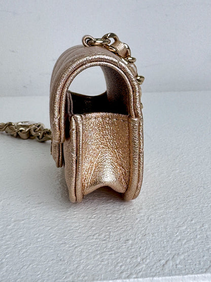 (A45) Chanel Champagne Gold Round Pouch & AirPods Holder Bag Charm Lambskin Champagne Gold Hardware