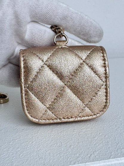 (A45) Chanel Champagne Gold Round Pouch & AirPods Holder Bag Charm Lambskin Champagne Gold Hardware