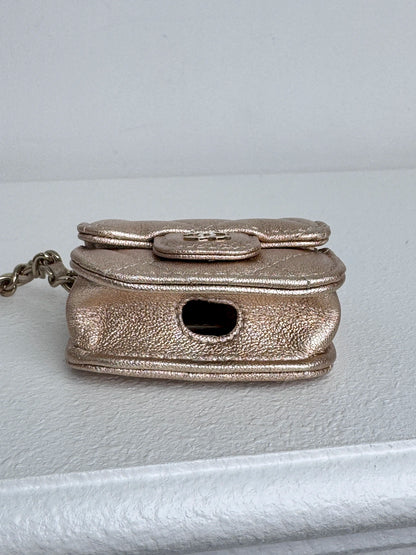 (A45) Chanel Champagne Gold Round Pouch & AirPods Holder Bag Charm Lambskin Champagne Gold Hardware