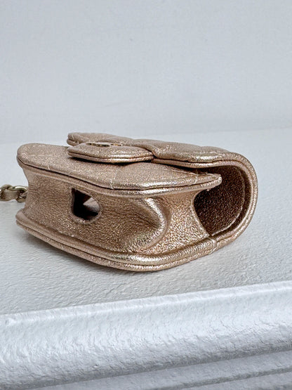 (A45) Chanel Champagne Gold Round Pouch & AirPods Holder Bag Charm Lambskin Champagne Gold Hardware