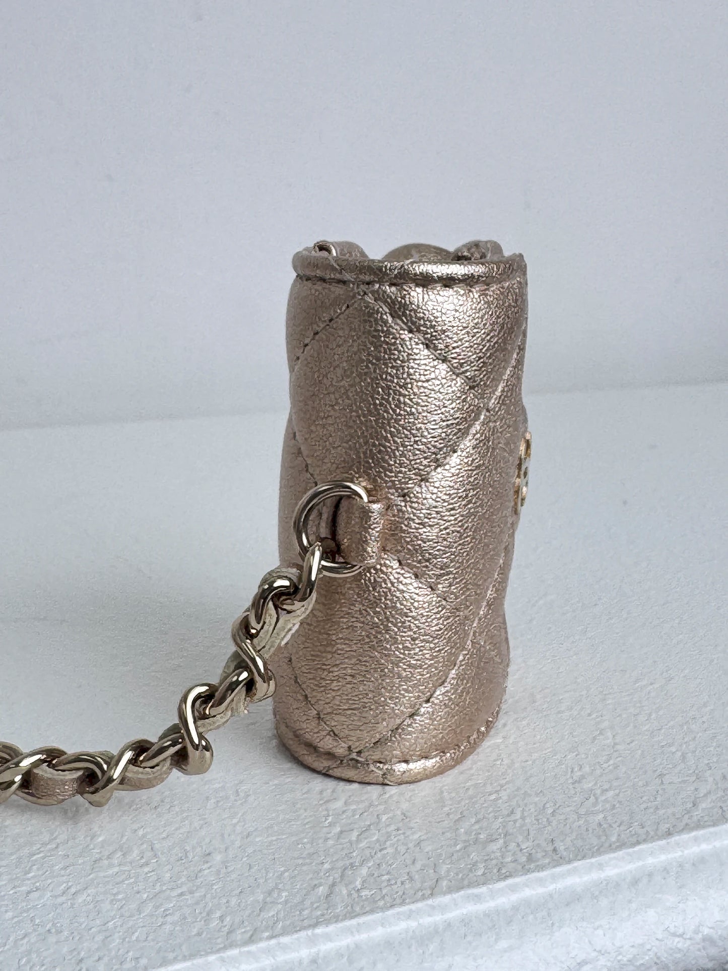 (A45) Chanel Champagne Gold Round Pouch & AirPods Holder Bag Charm Lambskin Champagne Gold Hardware