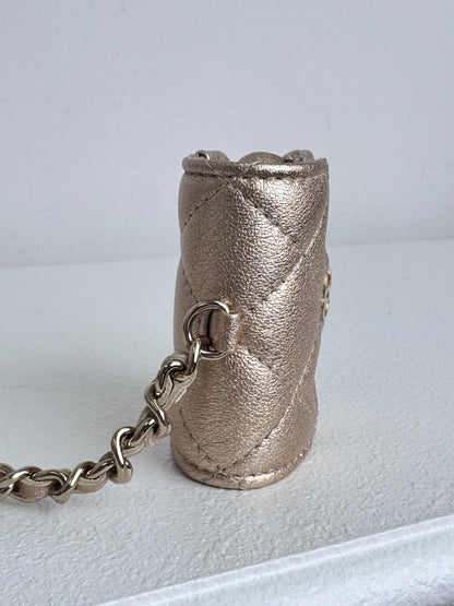 (A45) Chanel Champagne Gold Round Pouch & AirPods Holder Bag Charm Lambskin Champagne Gold Hardware