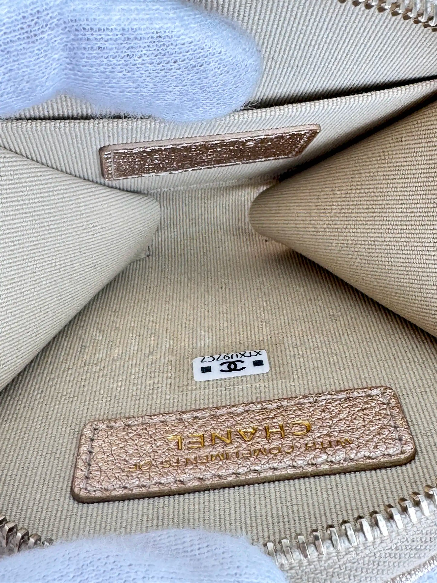 (A45) Chanel Champagne Gold Round Pouch & AirPods Holder Bag Charm Lambskin Champagne Gold Hardware