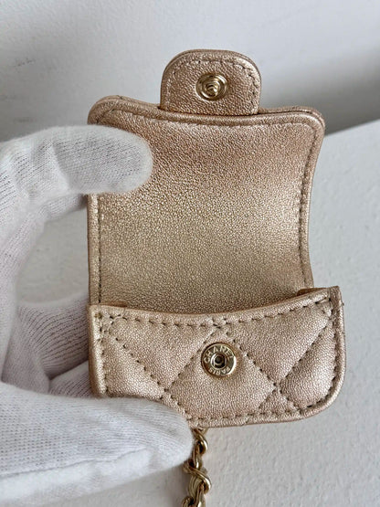 (A45) Chanel Champagne Gold Round Pouch & AirPods Holder Bag Charm Lambskin Champagne Gold Hardware