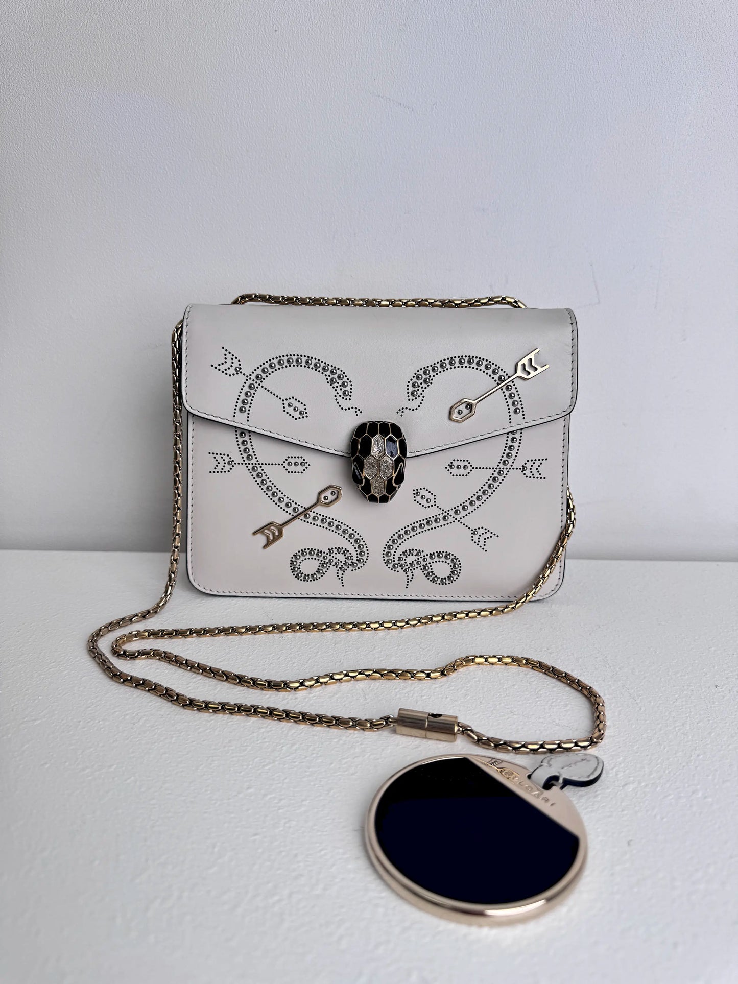 (A46) Bvlgari Off White Leather Studded Small Serpenti Forever Shoulder Bag Calfskin Champagne Gold Hardware