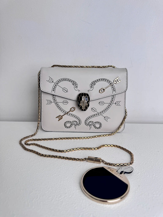 (A46) Bvlgari Off White Leather Studded Small Serpenti Forever Shoulder Bag Calfskin Champagne Gold Hardware