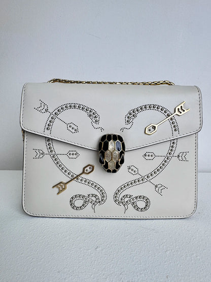(A46) Bvlgari Off White Leather Studded Small Serpenti Forever Shoulder Bag Calfskin Champagne Gold Hardware