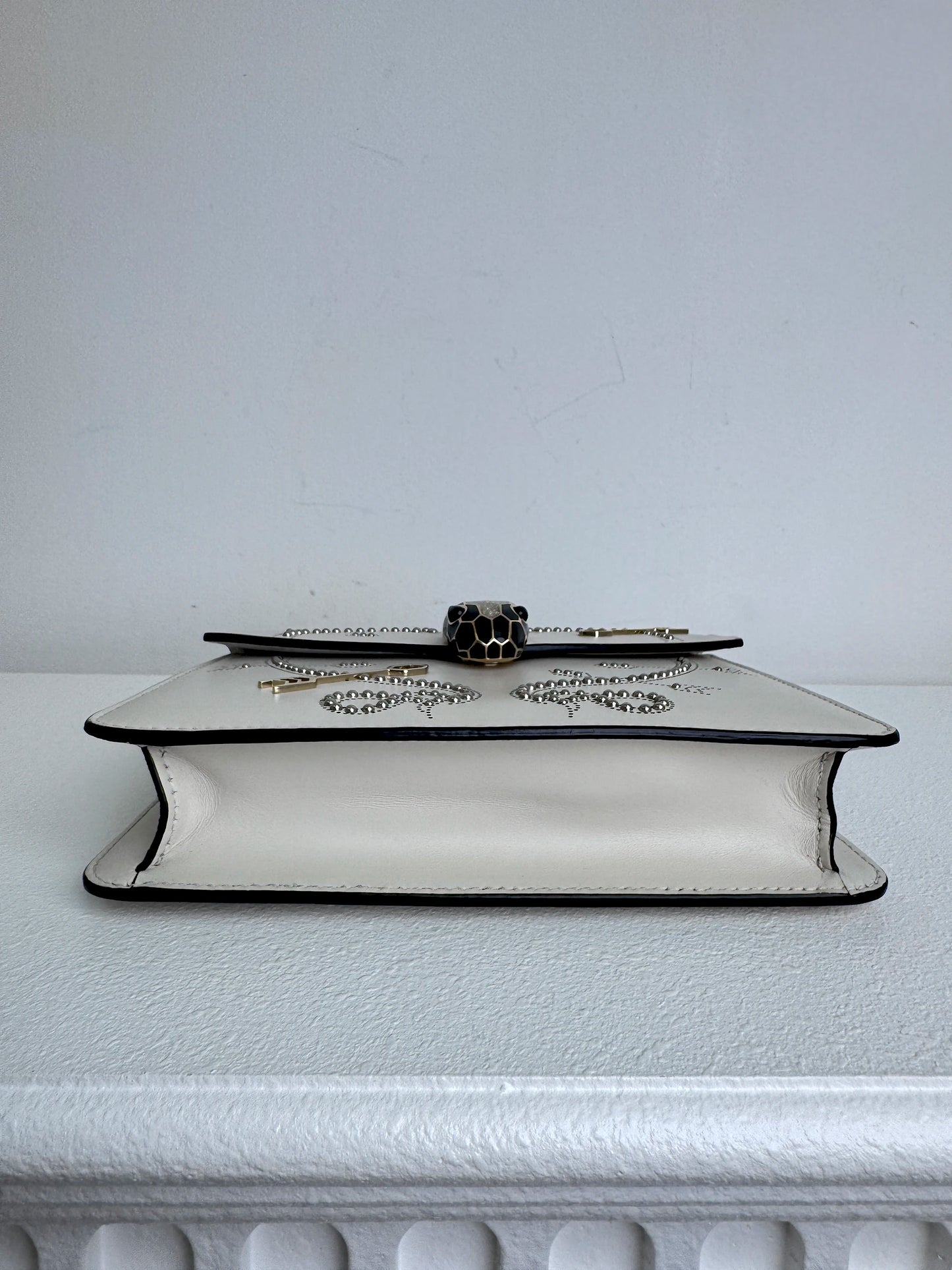 (A46) Bvlgari Off White Leather Studded Small Serpenti Forever Shoulder Bag Calfskin Champagne Gold Hardware