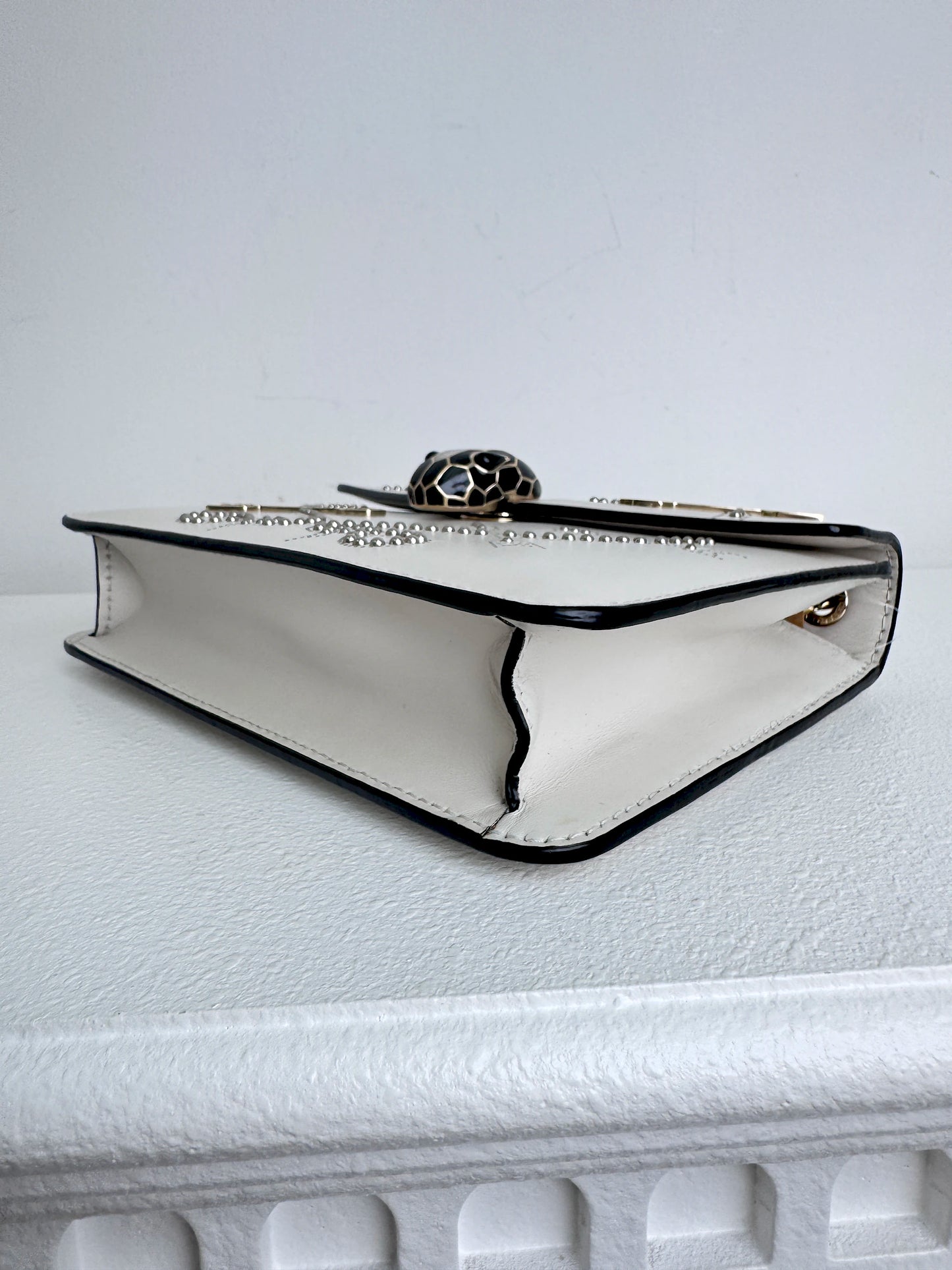 (A46) Bvlgari Off White Leather Studded Small Serpenti Forever Shoulder Bag Calfskin Champagne Gold Hardware