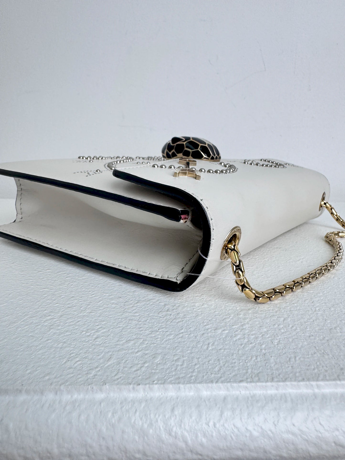 (A46) Bvlgari Off White Leather Studded Small Serpenti Forever Shoulder Bag Calfskin Champagne Gold Hardware