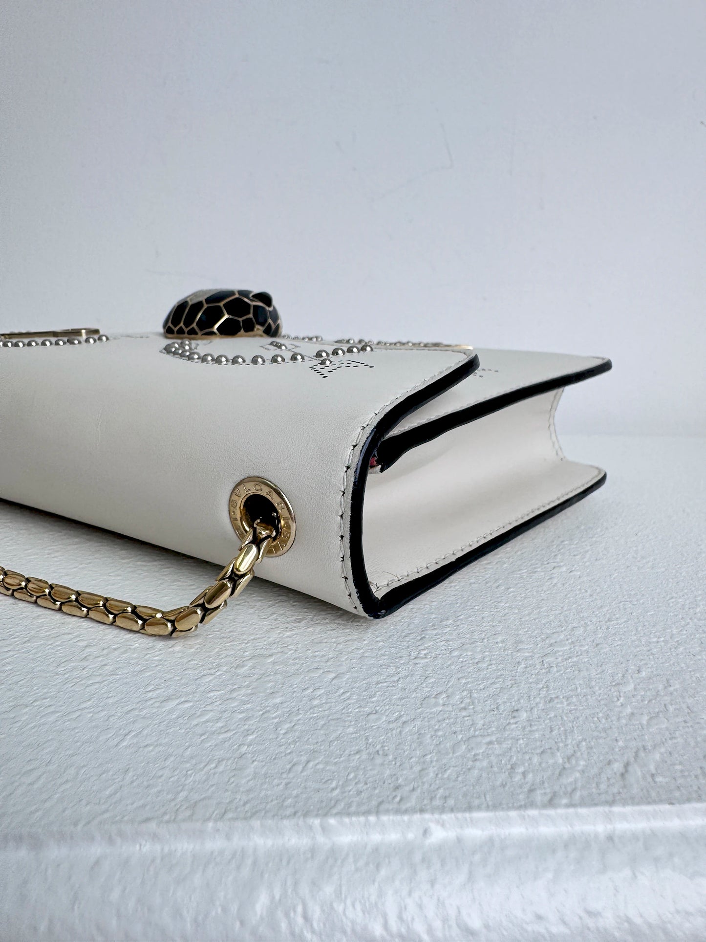 (A46) Bvlgari Off White Leather Studded Small Serpenti Forever Shoulder Bag Calfskin Champagne Gold Hardware
