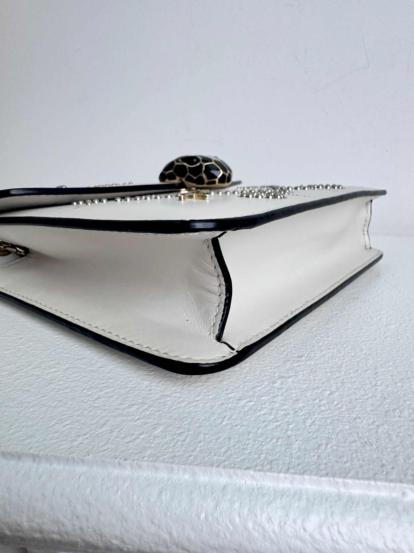 (A46) Bvlgari Off White Leather Studded Small Serpenti Forever Shoulder Bag Calfskin Champagne Gold Hardware