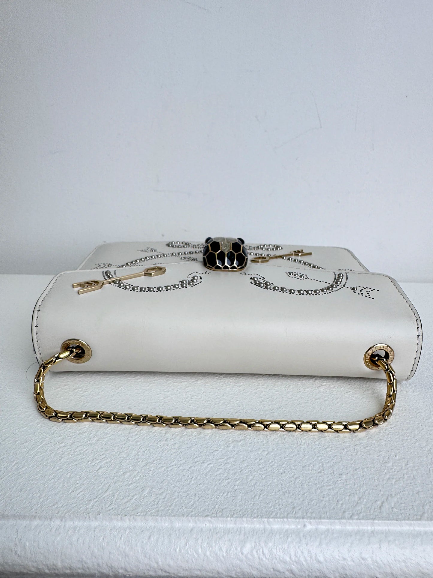 (A46) Bvlgari Off White Leather Studded Small Serpenti Forever Shoulder Bag Calfskin Champagne Gold Hardware