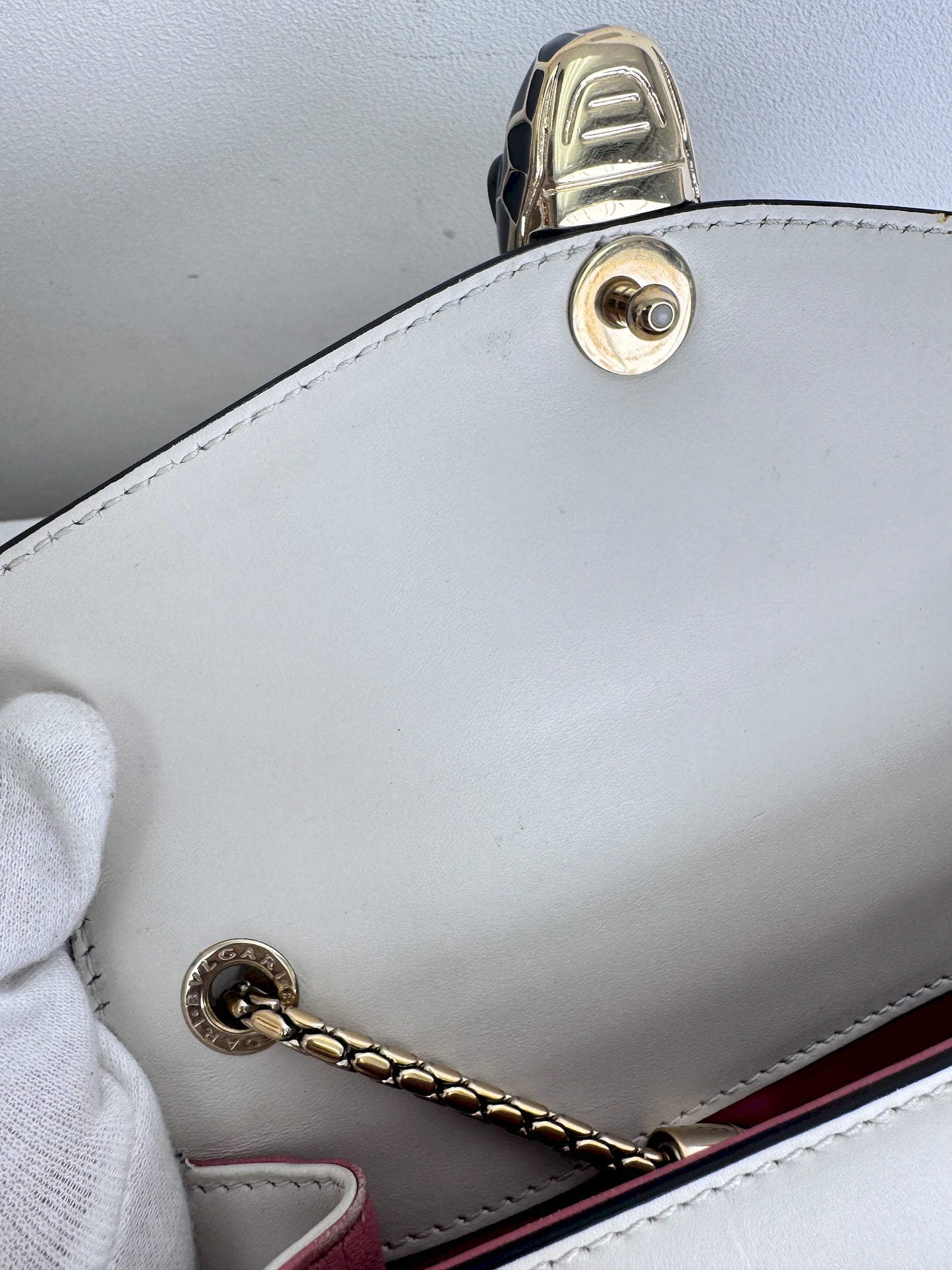 (A46) Bvlgari Off White Leather Studded Small Serpenti Forever Shoulder Bag Calfskin Champagne Gold Hardware