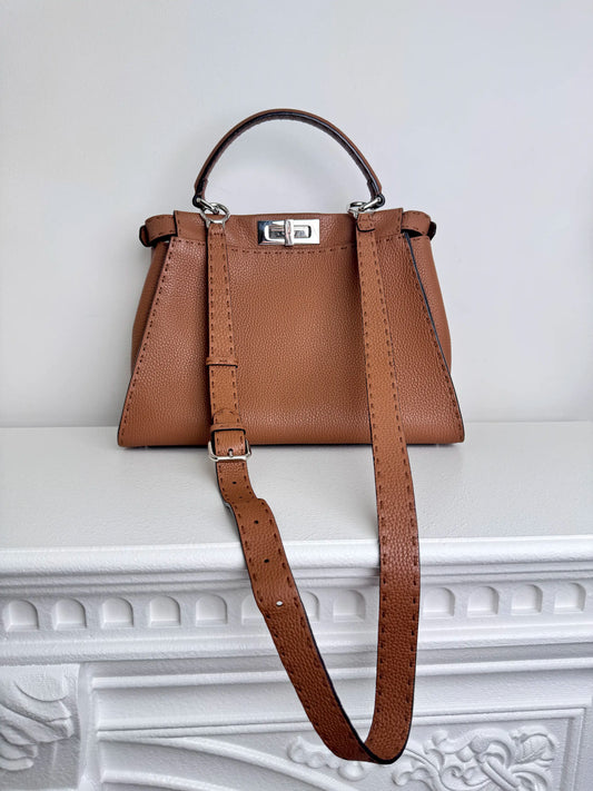 (A47) Fendi Brown Peekaboo Selleria Medium Calfskin Silver Hardware