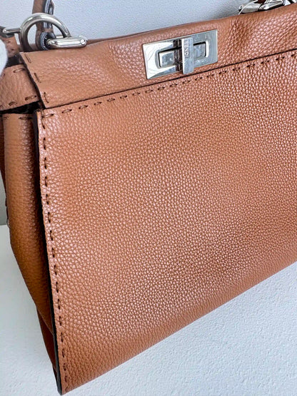 (A47) Fendi Brown Peekaboo Selleria Medium Calfskin Silver Hardware