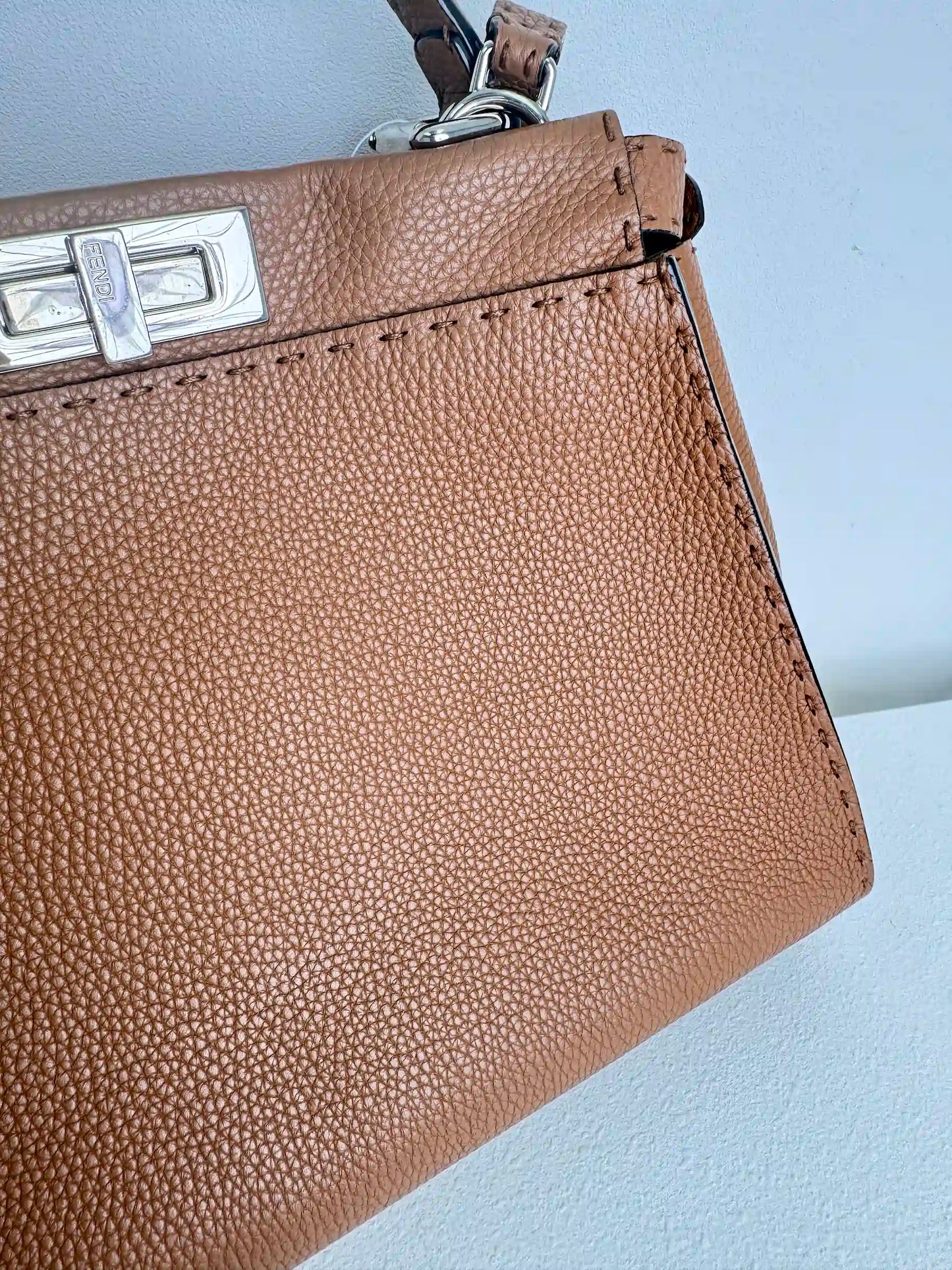 (A47) Fendi Brown Peekaboo Selleria Medium Calfskin Silver Hardware