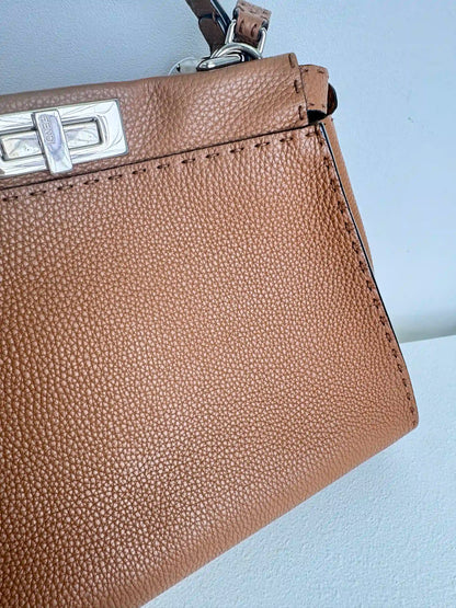 (A47) Fendi Brown Peekaboo Selleria Medium Calfskin Silver Hardware